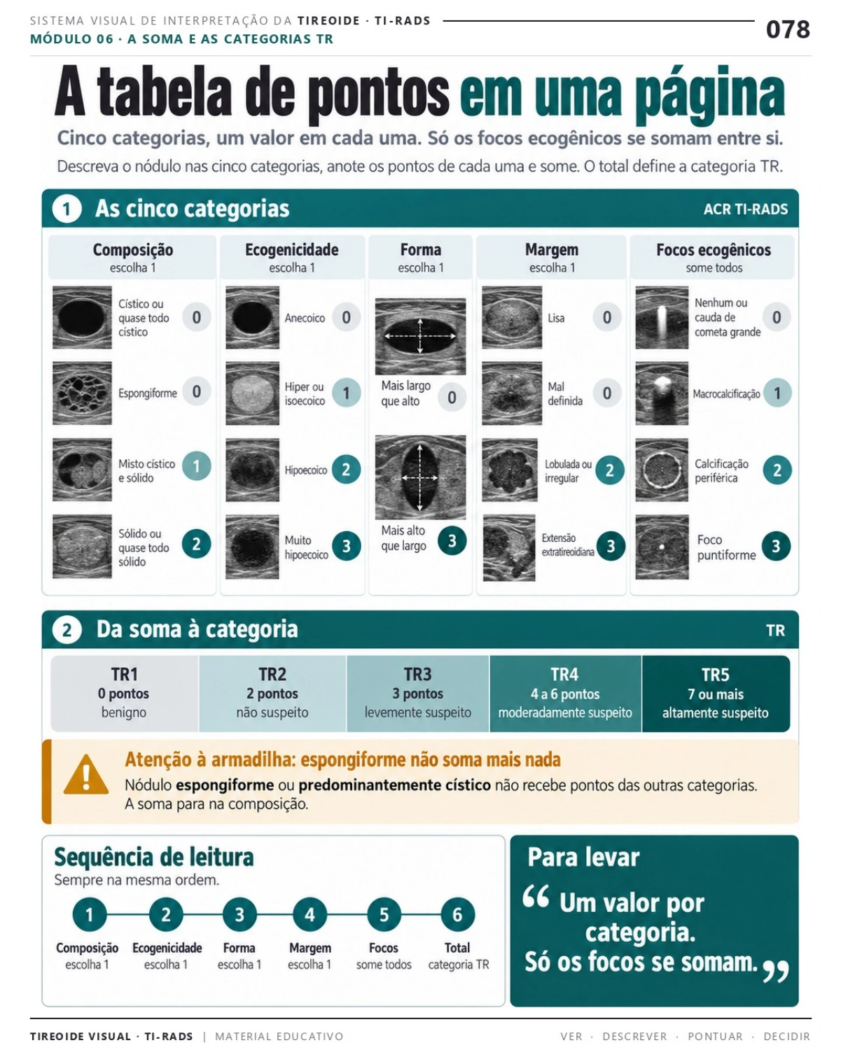 Página 78: A tabela de pontos em uma página. Prévia do PDF Tireoide Visual TI-RADS; imagens didáticas simuladas.
